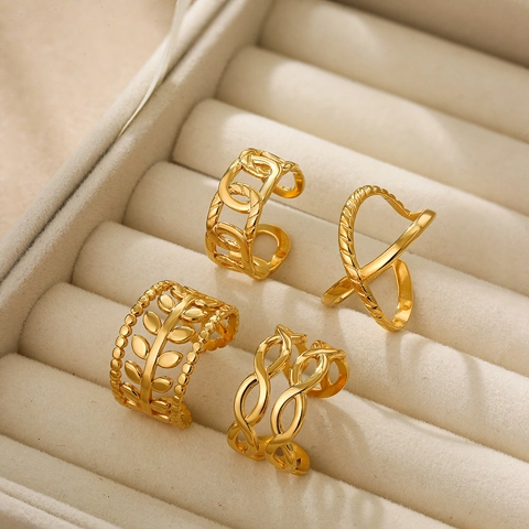 Anello Aperto Vintage in Acciaio al Titanio Placcato Oro 18K per Donna Uomo Foglia Cava Intrecciata Nodo Regolabile