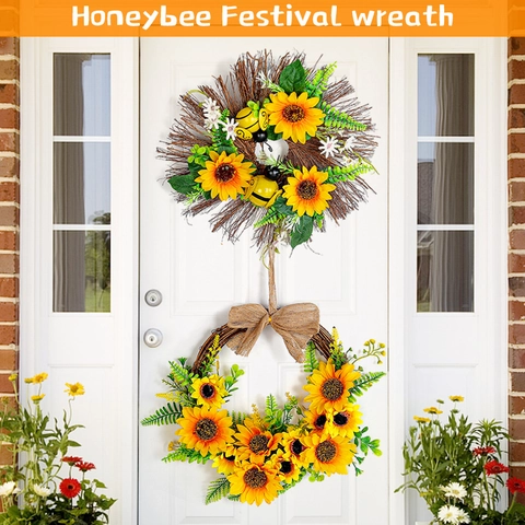 Künstlicher Sonnenblumenkranz Mit Sackleinenbogen Und Bienen Dekor Ländlicher Stil Für Haustür Hausdekoration