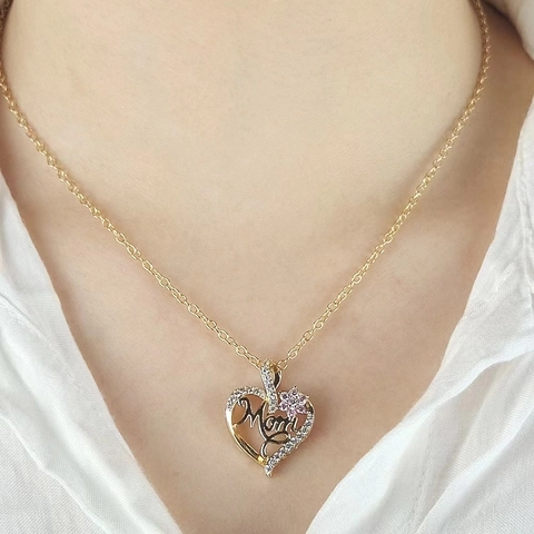 Collana Con Pendente A Cuore Mom Lega Con Zircone E Fiore Rosa Regalo Festa Della Mamma Per Donna