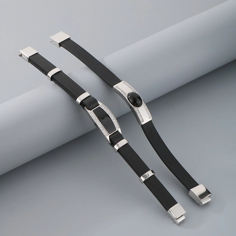 Bracciale Uomo Acciaio Inossidabile 316L Pelle Di Vacca Strass Incastonato Business Casual Punk Moda Chiusura Magnetica