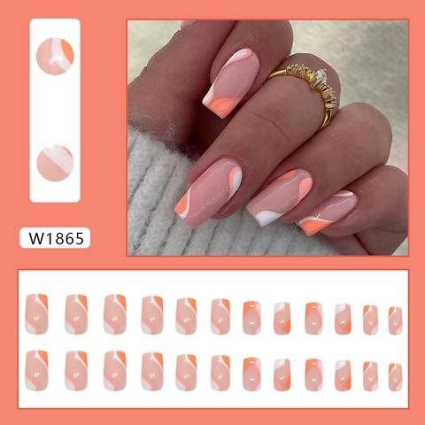 Press On Nails ABS Plastic With Glue Medium Square Abstract Orange Wave Line Nude Pink False Nails For Women