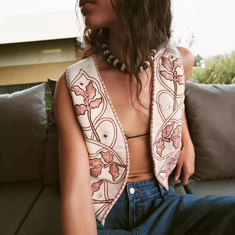 Women Vintage Embroidered Vest Bohemian Sleeveless Waistcoat Floral Pattern Mirror Effect Retro Ethnic Open Front Top
