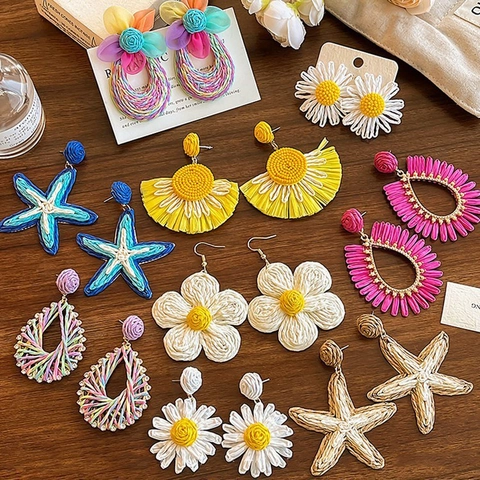 Pendientes De Flores Tejidas Coloridas De Rafia Estilo Vacaciones Playa Joyería Bohemia Hecha A Mano Para Mujer