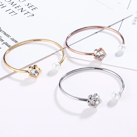 Brazalete Abierto De Flor Y Perla Artificial Acero Inoxidable Cristal Ajustable Joyería Elegante Para Mujer