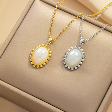 Collar Con Colgante Ovalado De Nácar Acero Inoxidable Concha Irisada Borde Perla Artificialdo Joyería Para Mujer