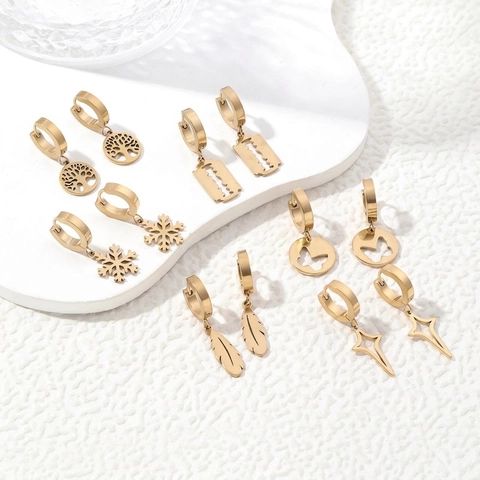 Boucles D'oreilles Créoles En Acier Inoxydable Pour Femmes Breloques Papillon Flocon De Neige Étoile Plume Lame Bijoux