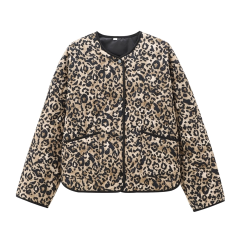Dames Gewatteerde Jas Met Luipaardprint Ronde Hals Knoopsluiting Lange Mouwen Lichtgewicht Pufferjas Met Zakken Casual Bovenkleding