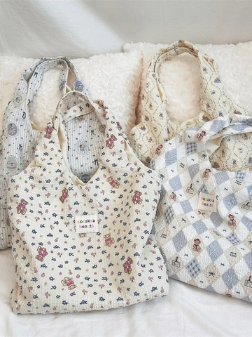 Borsa Tote In Seersucker Con Stampa Orso Coniglio Kawaii Grande Capacità Stile Zakka Giapponese Borsa A Mano In Tela Per Donna