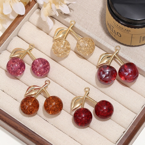 Kirsche Charms Simulation Frucht Anhänger Harz Legierung Mit Goldfolie Glitzer Für DIY Schmuck Halskette Tasche Dekoration