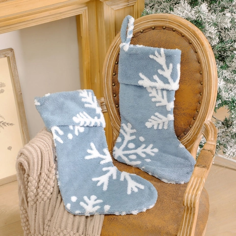 Calza Natalizia Peluche Blu Chiaro Bianco Fiocco Di Neve Jacquard Decorazione Appesa Albero Sacchetto Regalo Arredamento Casa