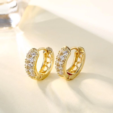 Boucles D'oreilles Créoles Huggie En Zircon Double Rangée Laiton Plaqué Or Bijoux De Mode Pour Femmes