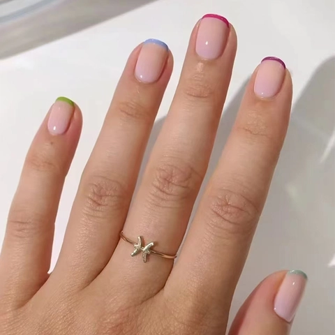 French Style Press On Nails Colorful Tips Nude Base Square Round Shape Artificial Fingernails Removable Wearable Tips