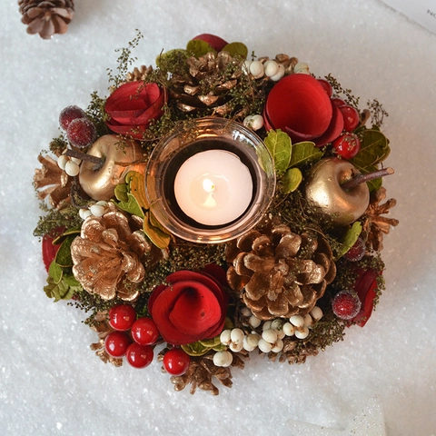 Christmas Pinecone Rose Candle Holder Centerpiece Glass Wood Simulation Plants With Wax Candle Vintage Holiday Table Decor