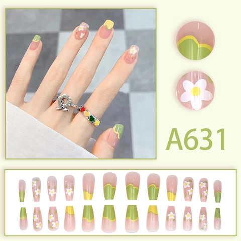 Florale Gänseblümchen Künstliche Nägel Französischer Stil Gelb Grün Süß Frisches Design Kunstnägel Mit Kleber