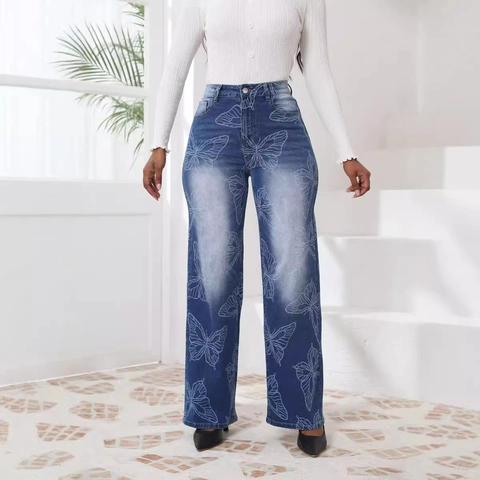 High Waisted Butterfly Print Straight Leg Jeans Women Loose Wide Leg Denim Pants Casual Aesthetic Style Blue