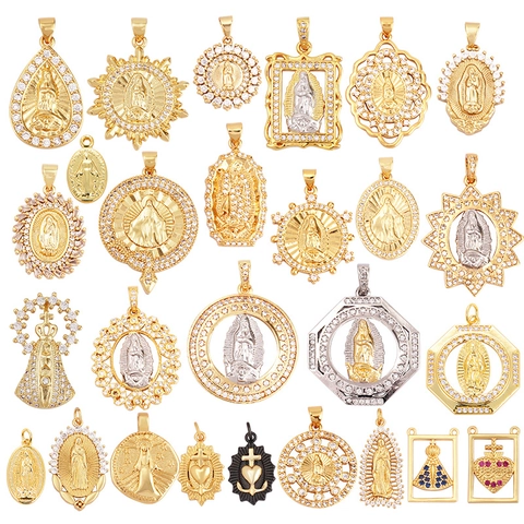 Religious Virgin Mary Guadalupe St Benedict Pendants Gold Plated Copper Zircon Charms For Jewelry Making DIY Accessories