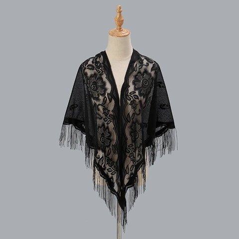 Foulard Triangle en Dentelle Florale pour Femme Châle Élégant Ajouré avec Glands pour Mariage Fête Robe de Soirée Nylon Doux