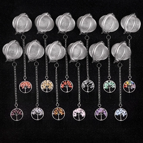Stainless Steel Tea Infuser Tree Of Life Crystal Stone Pendant Functional Mesh Ball Strainer For Steeping Loose Leaf Tea