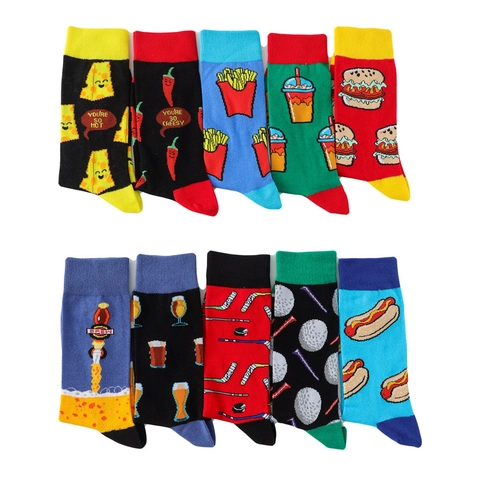Asymmetric Funny Crew Socks Cotton Blend Knit Breathable Burger Fries Beer Golf Hockey Pattern Novelty Cartoon Trendy