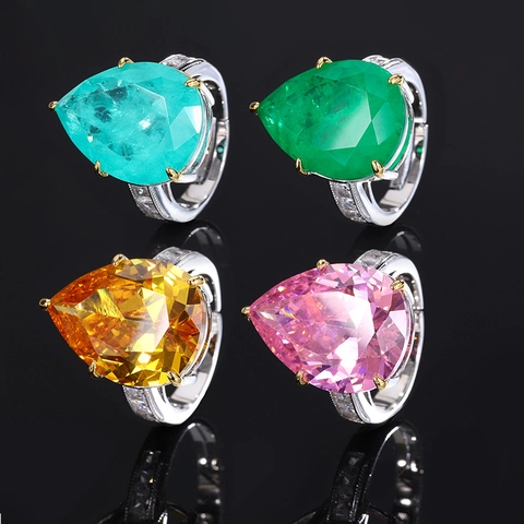Pear Cut Cubic Zirconia Ring Copper Waterdrop Colorful Big Stone Adjustable Luxury Jewelry For Women