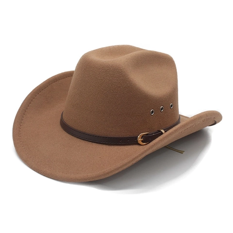 Western Cowboy Hat Cotton Polyester Felt Wide Brim Fedora With Leather Belt Buckle Metal Eyelets Breathable Retro Men Women