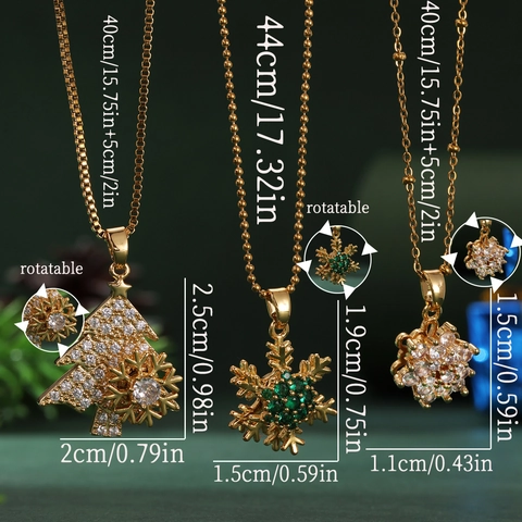 Collier Pendentif Sapin de Noël Flocon de Neige Rotatif Acier Inoxydable Or Strass Bijoux de Décompression Femme