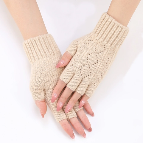 Guantes Sin Dedos De Punto Mujer Acrílico Diamante Hueco Cálido Invierno Mangas De Brazo Accesorio De Moda