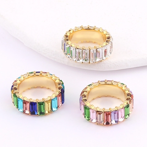 Baguette Cut Zircon Eternity Ring Gold Plated Copper Rainbow Colorful Gemstone Geometric Band Jewelry For Women
