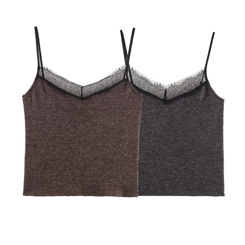Canotta Sexy Da Donna Con Bordo In Pizzo Maglia A Costine Scollo A V Spalline Sottili Regolabili Top Aderente
