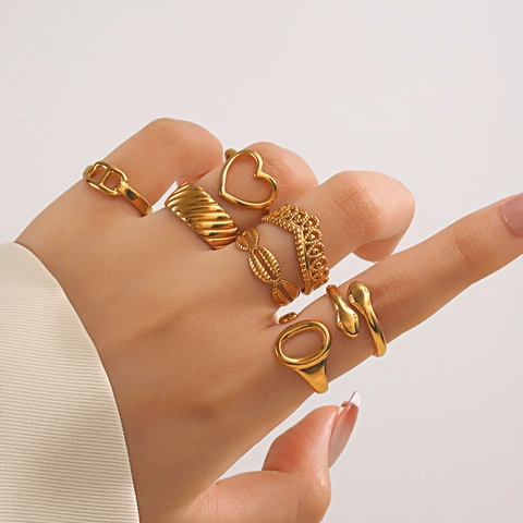 Stainless Steel Adjustable Open Rings Heart Snake Croissant Geometric Gold Plated Retro Fashion Jewelry For Women