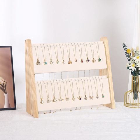 Layered Wooden Necklace Display Rack Velvet Jewelry Stand For Pendants Bracelets Foldable Large Capacity