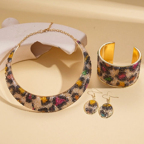 Leopard Print Jewelry Multi Color Resin Rhinestone Choker Necklace Bracelet And Earrings Fashion Statement For Women
