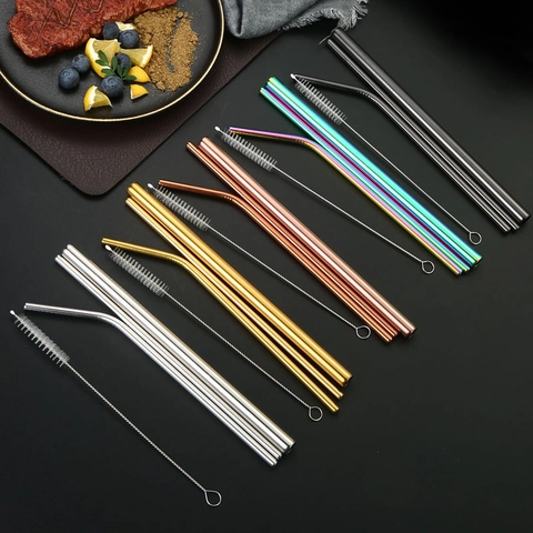 Reusable 304 Stainless Steel Drinking Straws Eco Friendly Metal Straws With Cleaning Brush For Juice Coffee Milk Tea