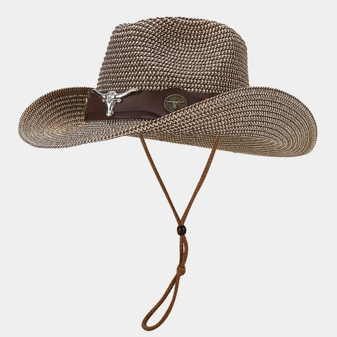 Western Cowboy Strohoed Gevlochten Zonnescherm Brede Rand Met Leren Riem Metalen Bull Head En Verstelbaar Winddicht Touw
