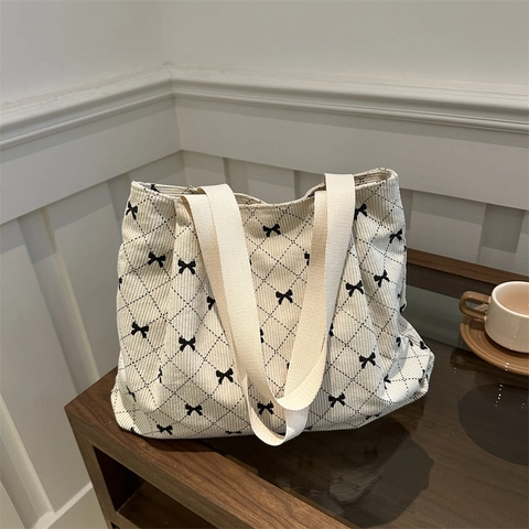 Borsa Tote in Velluto a Coste Grande Capacità Stampa Fragola Fiocco Trapuntata Borsa a Tracolla Per Donna Studenti Scuola Quotidiana