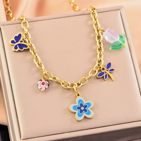 Gioielli Ciondolo Farfalla Libellula Fiori Pastorali Acciaio Titanio Smalto Collana Bracciale Orecchino Accessori Donne