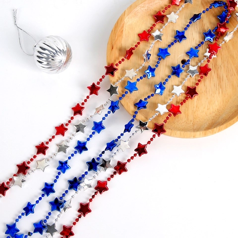 USA Independence Day Star Bead Necklace Red Silver Blue Electroplated Star Chain Party Props Holiday Costume Jewelry