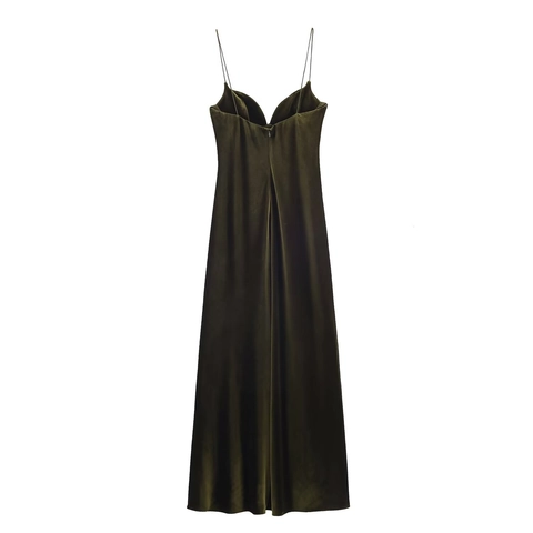 Women Velvet Spaghetti Strap Maxi Dress Sweetheart Neckline Back Zipper Elegant Solid Color Olive Green Party Evening Wear