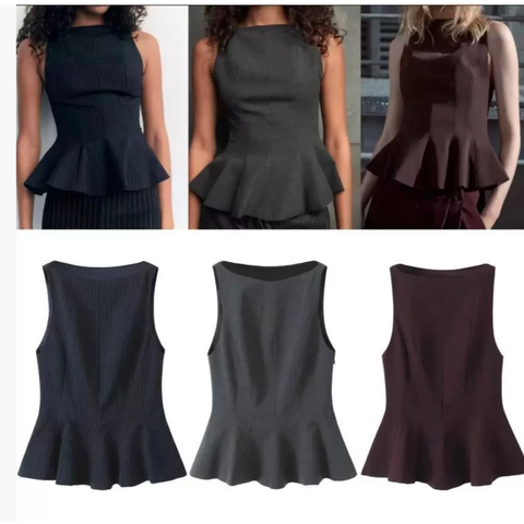 Top Smanicato Con Peplum Donna Elegante Aderente Orlo Con Volant Girocollo Casual Ufficio Righe Tinta Unita Poliestere Blusa