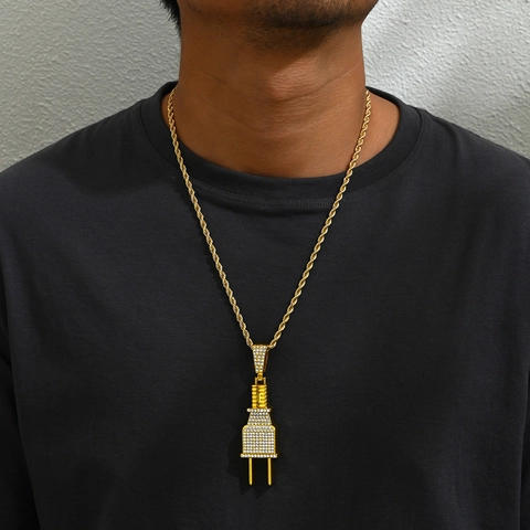 Power Plug Pendant Necklace Zinc Alloy Rhinestone Iced Out Hip Hop Style Twist Chain Jewelry For Men Women