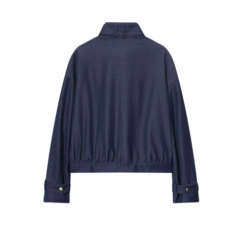 Chaqueta Bomber De Mujer Color Sólido Azul Marino Cuello Alto Manga Larga Casual De Sarga Con Cremallera