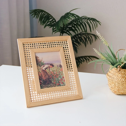 Solid Wood Photo Frame With Bamboo Weave Rattan Rectangular Desktop Wall Hanging Natural Nordic Boho Style