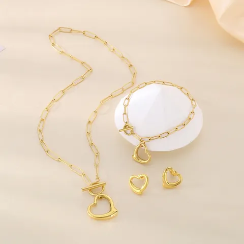 Collana Bracciale E Orecchini Cuore Cavo In Acciaio Inossidabile Con Chiusura A Barra Catena Paperclip Moda Per Donna