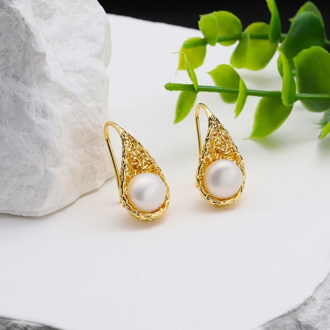 Vintage Bird's Nest Freshwater Pearl Drop Earrings With 925 Sterling Silver Earring Post 18K Gold Plated Jewelry For Women
