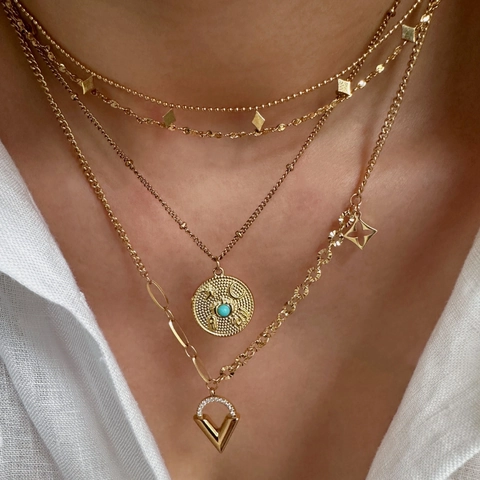 Edelstahl Mehrlagige Halskette Für Damen Vergoldet Stern Mond Amazonit Anhänger V-Form Strass Vintage Schmuck