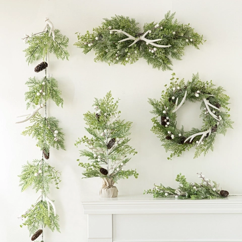 Artificial Christmas Wreath Garland Snowy Cedar White Berries Pinecones Antlers Nordic Forest Style Holiday Home Decor