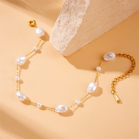 Künstliche Barockperlen Kette Armband Vergoldet Edelstahl Verstellbar Französisch Retro Elegant Schmuck Für Frauen