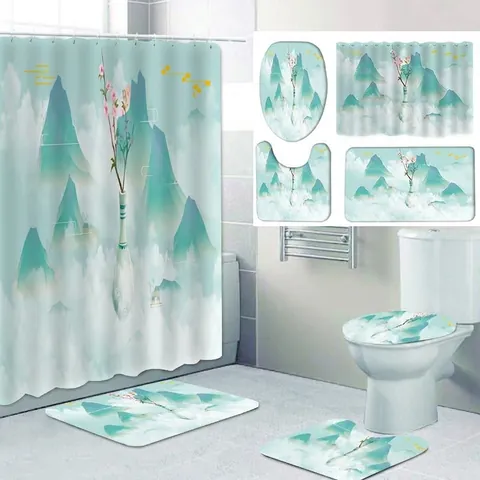 Wasserdichter Polyester Duschvorhang Badematte Toilettendeckelbezug U-Förmiger Teppich Chinesischer Stil Tusche Berg Lotus Zen
