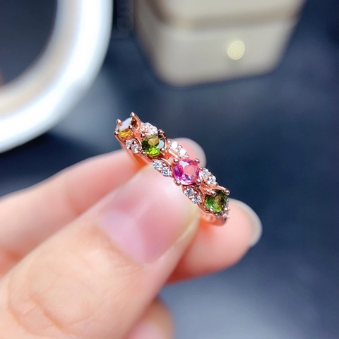 Women Copper Ring Rose Gold Plated With Colorful Artificial Tourmaline And Zirconia Open Adjustable Band Trendy Jewelry