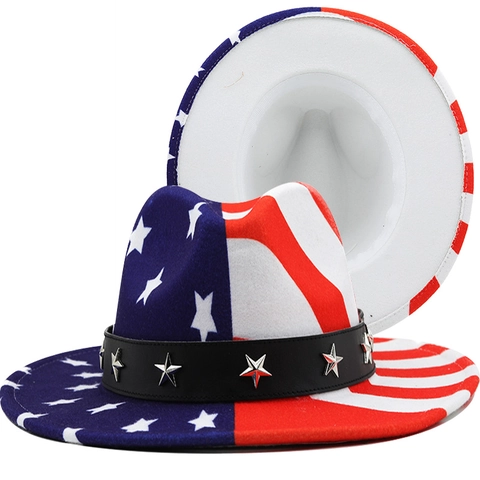 US-Flagge Fedora Hut Breite Krempe Baumwolle Polyester Sterne Streifen Druck Patriotische Party Jazz Cowboy Kappe Unisex
